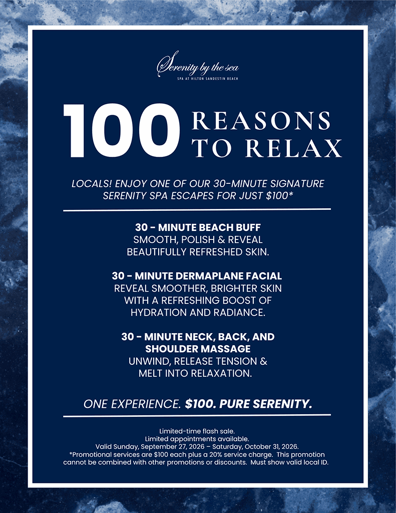 Promotional flyer for Serenity by the Sea Spa offering 30-minute treatments for $100 for locals, valid September 27 to October 31, 2026.
